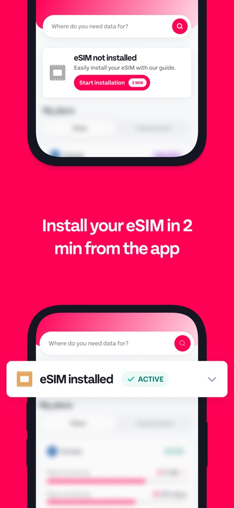 GoMoWorld: Travel eSIM | Data - This tool guides users through eSIM installation, displaying prompts like "eSIM not installed" and confirming "eSIM installed" status.
