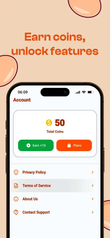 Egg Rate Lab account screen with coin rewards, premium plans, and support links