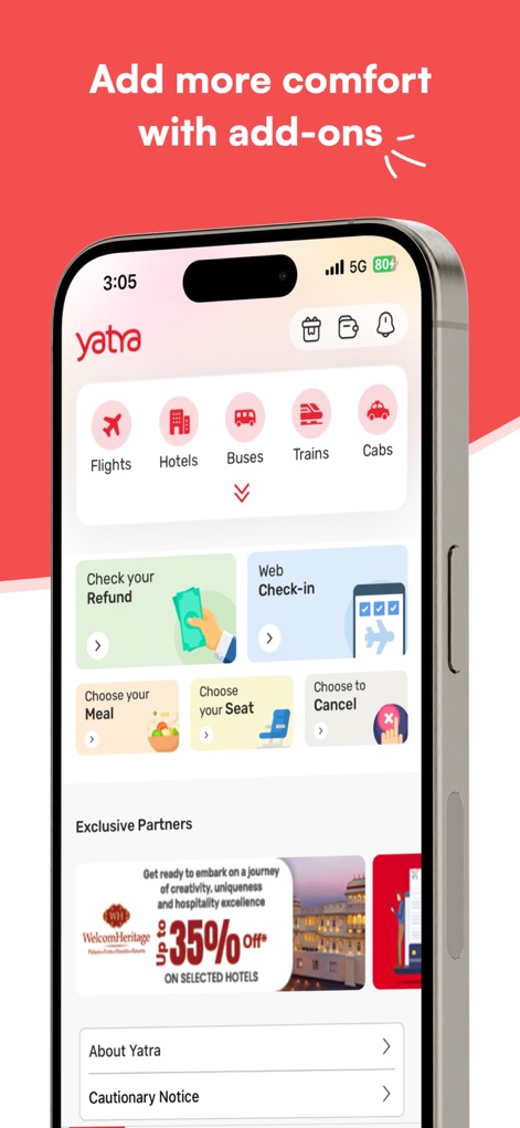 Yatra - Flights, Hotels & Cabs - This section provides convenient self-service options like 'Web Check-in' and 'Choose your Seat', alongside engaging promotions from 'Exclusive Partners' for a complete travel experience.