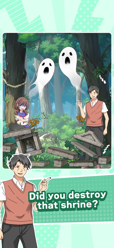 Tricky Mean - Brain puzzle - Investigate perplexing scenes involving ghosts in a forest and a man questioning the destruction of a shrine.