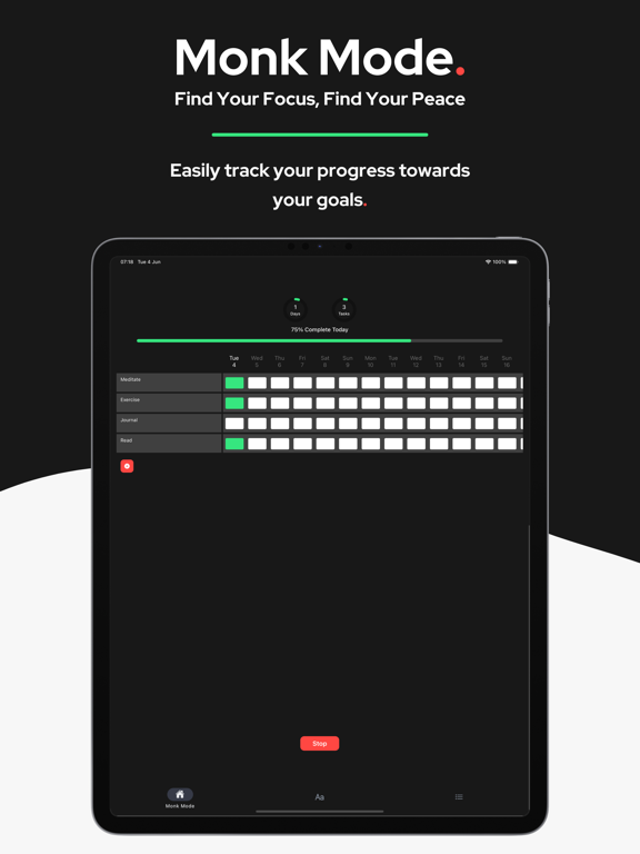 Monk Mode iPad screenshot 1 - Productivity app