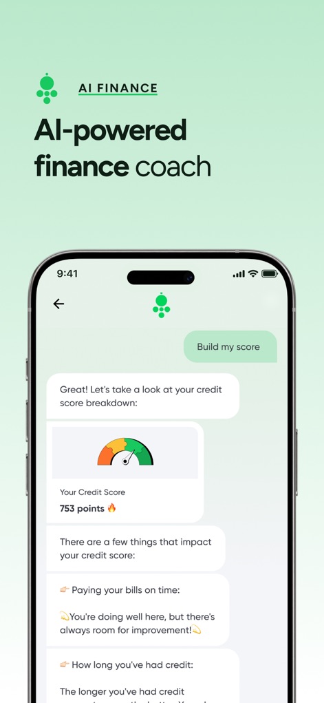 Bright: Loans & Credit Builder - La herramienta "AI Finance" actúa como un "coach financiero" impulsado por IA, mostrando una "puntuación de crédito de 753 puntos" y desglosando los factores que la afectan.