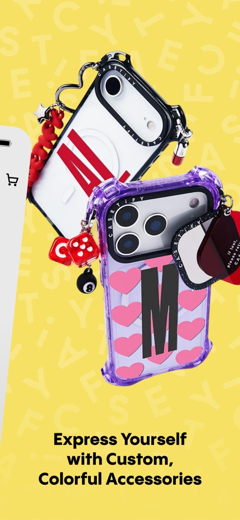 CASETiFY - Esprimi la tua personalità con accessori personalizzati e colorati, come mostrato dalle custodie con l'iniziale 'M' in grassetto e gli affascinanti charm a forma di cuore e dado.