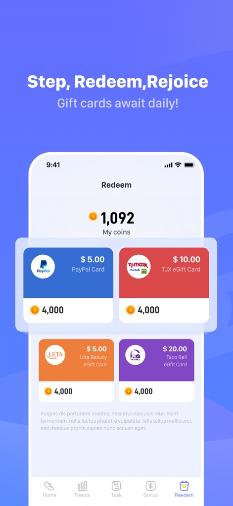WalkCash - rewards&earn&coin - 사용자는 적립된 1,092 코인을 PayPal 카드, TJX 기프트 카드 등 다양한 브랜드의 기프트 카드로 교환할 수 있으며, 각 카드의 액면가와 필요한 코인 수가 명확하게 표시되어 있습니다.