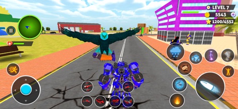 Dino Game & Robots Simulator - Discover dynamic encounters as the blue robot faces off against a majestic flying eagle character amidst a detailed city environment, showcasing diverse gameplay scenarios.