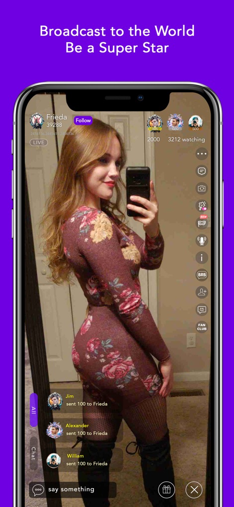 Coco -Live Stream & Video Chat - Die Ansicht zeigt eine Nutzerin beim weltweiten Live-Broadcast, wobei das integrierte Chat-Fenster die Kommunikation ermöglicht und das 'Fan Club'-Symbol die Community-Bindung fördert.