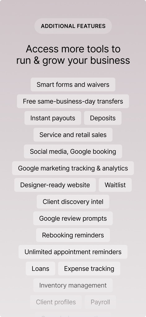 GlossGenius: Booking, Payments - Una vista expandida de las funcionalidades, mostrando botones para 'Smart forms and waivers' y la gestión de 'Inventory management' entre otras opciones.