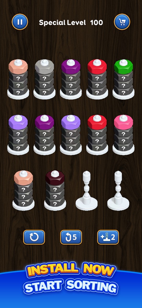 Nut Sort: Color Puzzle Games - Uncover the advanced special level configurations and the intriguing inclusion of numerous question mark nuts for elevated challenges.