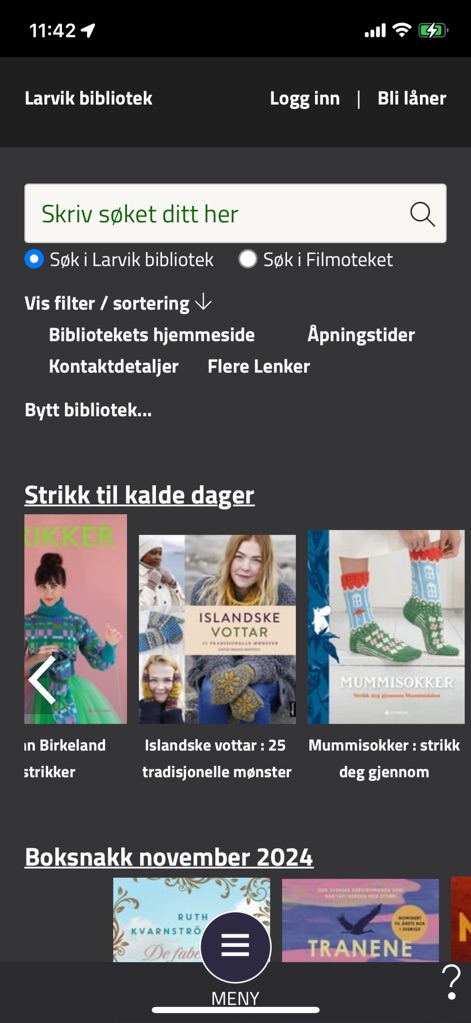 Bibliofil - 이 앱은 'Søk i Larvik bibliotek' 검색창을 통해 도서관 자료를 검색할 수 있게 하며, 'Boksnakk november 2024'와 같은 특정 주제의 추천 콘텐츠를 제공합니다.