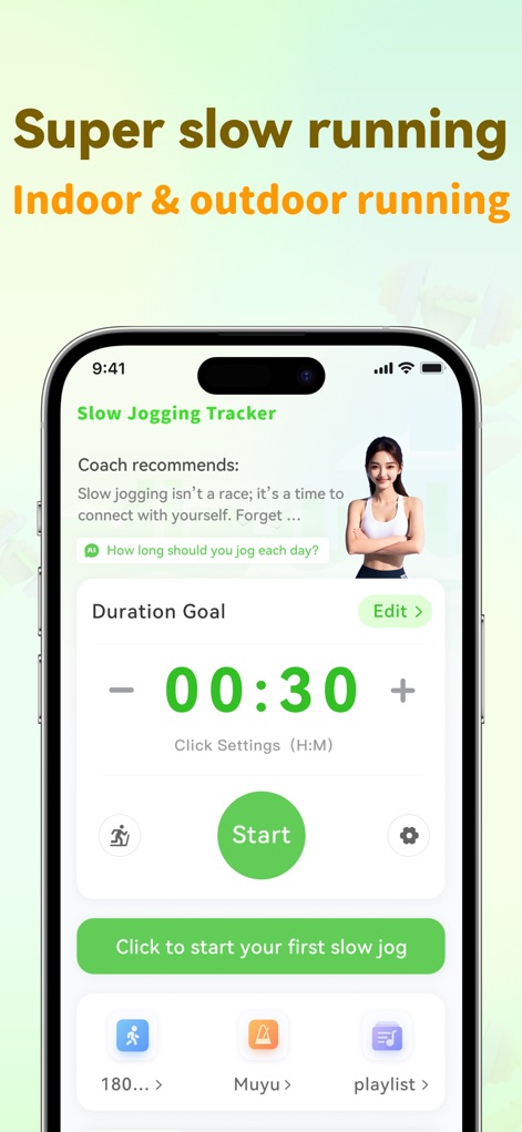 Slow Jogging Tracker &Timer - Users can effortlessly set their 'Duration Goal' for each session and benefit from insightful guidance provided by the 'Coach recommends' section.