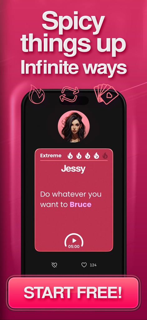 Couples Games: Naughty & Dirty - Esta tela mostra um desafio 'Extreme' personalizado, onde 'Jessy' pode dar comandos diretos, incentivando os usuários a liberar a criatividade e a espontaneidade com a funcionalidade de tempo e o botão 'START FREE!'.
