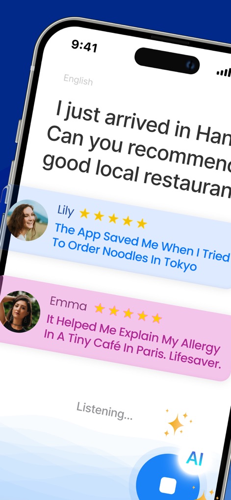 Voice Translator AI Translate - Le recensioni di Lily ed Emma mostrano come l'app salvi gli utenti in viaggio, supportate dall'indicatore "Listening..." che evidenzia la capacità di ascolto dell'AI.