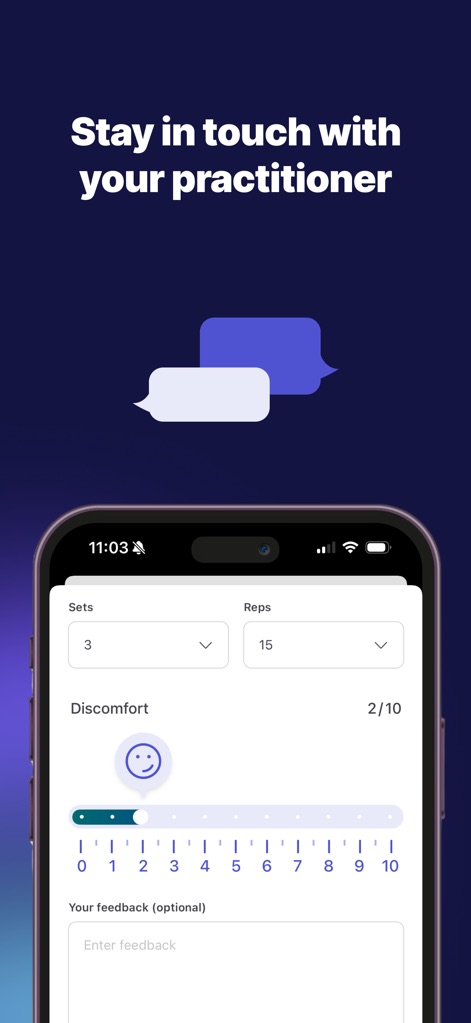 PhysiApp - Submit direct feedback on sets, reps, and discomfort levels, fostering clear communication with your healthcare provider.