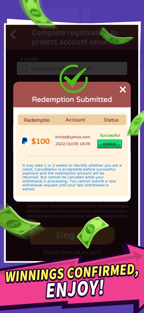 Nile Riches Reelst：Real Cash - The screenshot confirms seamless prize redemption, presenting a 'Redemption Submitted' pop-up alongside a successful PayPal transaction for $100.