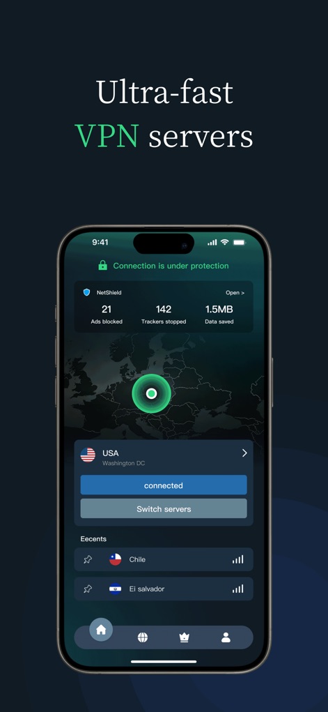 VPN - New VPN Planet Buck - 이 스크린샷은 앱이 초고속 VPN 서버에 연결되어 있음을 보여주며, 연결 상태에서 차단된 광고 수와 중지된 트래커 수를 실시간으로 확인할 수 있어 사용자가 안심하고 인터넷을 이용할 수 있도록 돕습니다.
