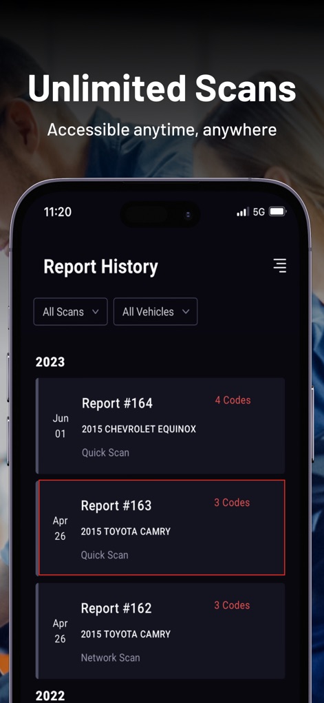 RepairSolutions2 - Users can review their "Report History" with "Unlimited Scans," clearly displaying past diagnostic reports for vehicles like the "2015 CHEVROLET EQUINOX" and "2015 TOYOTA CAMRY," along with the number of codes found.