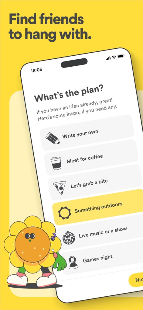 Bumble For Friends: Meet IRL - La herramienta agiliza la planificación de actividades con opciones predefinidas como "Meet for coffee" o "Something outdoors", guiando a los usuarios hacia experiencias compartidas y facilitando la organización.