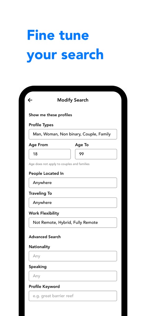 Nomad & Solo Travel－Fairytrail - This app provides robust search capabilities, allowing users to fine-tune connections using filters such as "Profile Types" and specific "Traveling To" locations for highly relevant matches.
