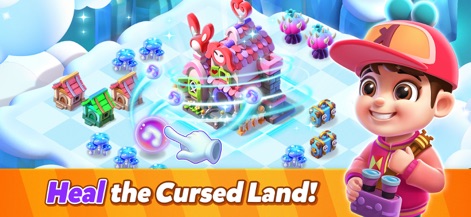 Mergical - Match Island Game - La escena nevada y las estructuras mágicas que emiten luz muestran el progreso y la transformación de la isla a través de la mecánica de juego.