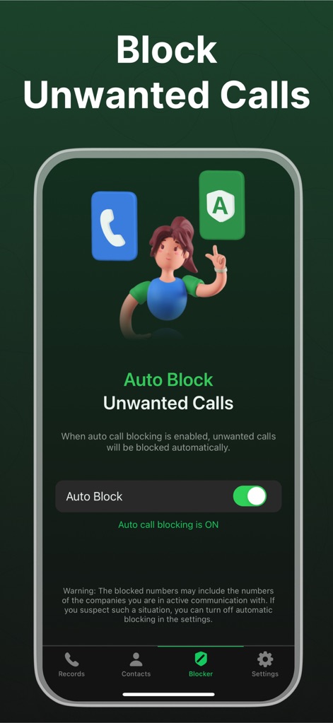 Call recorder - Rink - A ferramenta oferece o bloqueio automático de chamadas indesejadas, claramente indicado pelo interruptor "Auto Block" e pela ilustração intuitiva dos ícones de chamada e bloqueio.