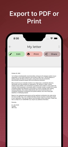 Recommendation letter iPhone screenshot