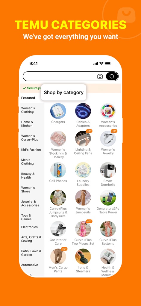 Temu: Shop Like a Billionaire - 「TEMU CATEGORIES We've got everything you want」の画面では、ユーザーは「Shop by category」という分かりやすいカテゴリ一覧を通じて、充電器やスマートドアホンなど多様な商品群を、「HOT」バッジで注目商品を確認しながら効率的に探せます。