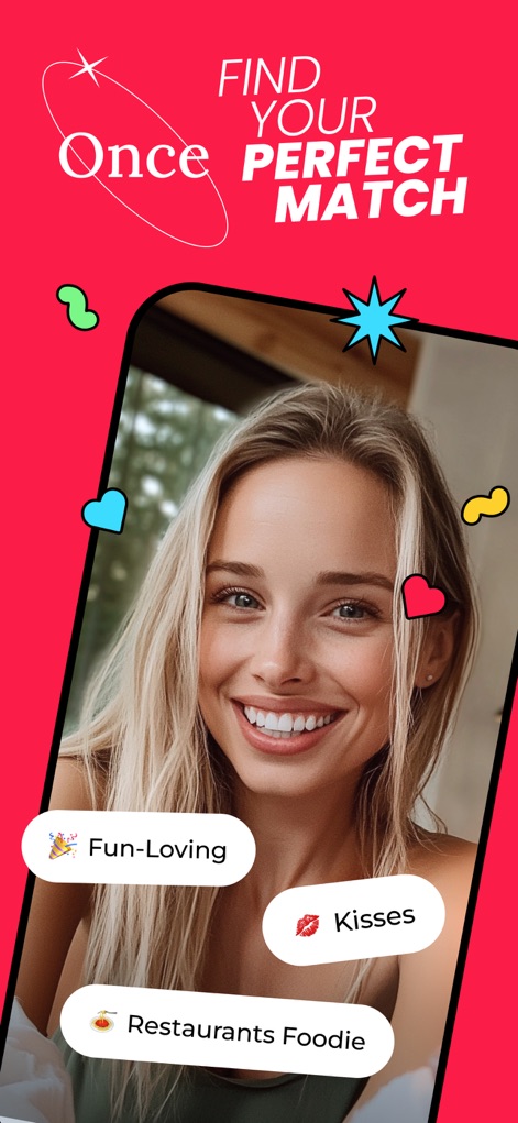 Once: Perfect Match Dating App - This initial screen showcases the app's core mission to "FIND YOUR PERFECT MATCH" and introduces users to their initial "Vibe" tag options for profile building.