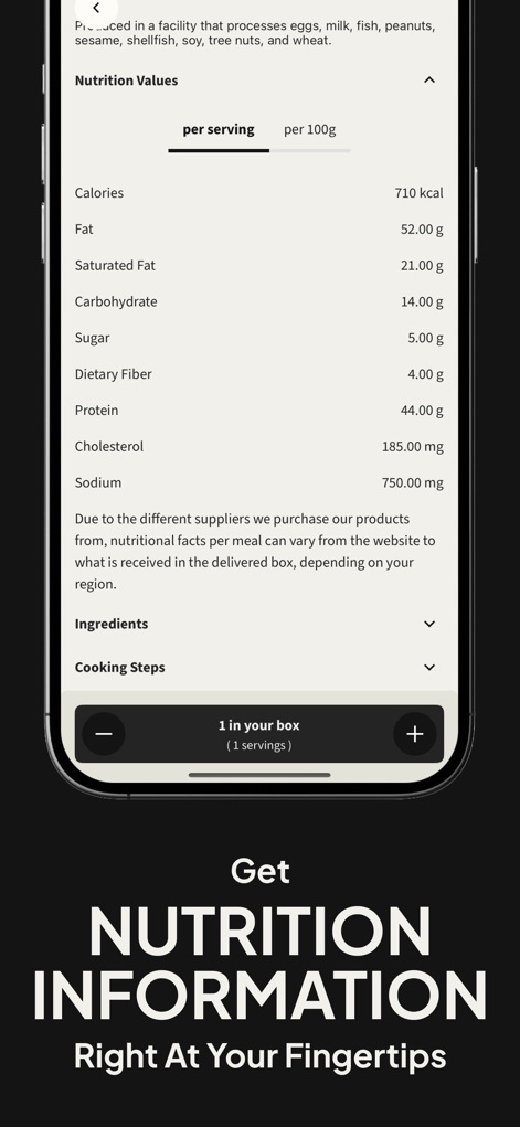 Factor_ Prepared Meal Delivery - Die detaillierte Ansicht der „Nutrition Values“ pro Portion und pro 100g sowie die Auflistung der Inhaltsstoffe ermöglichen es den Nutzern, umfassende Informationen zu ihrer Mahlzeit direkt in der App abzurufen.