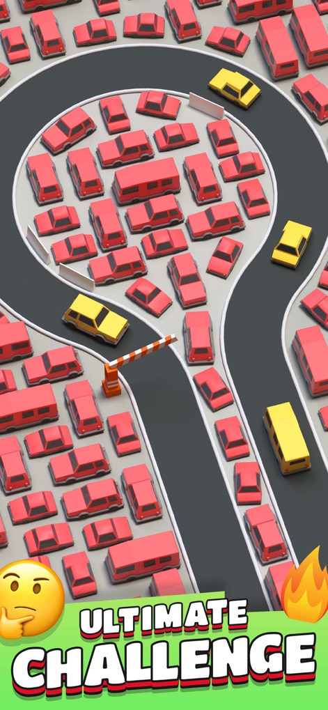 Car Out ™ - The app offers peak difficulty levels, showcasing an extreme gridlock of red and yellow cars, promising the "ULTIMATE CHALLENGE" for strategic thinkers.