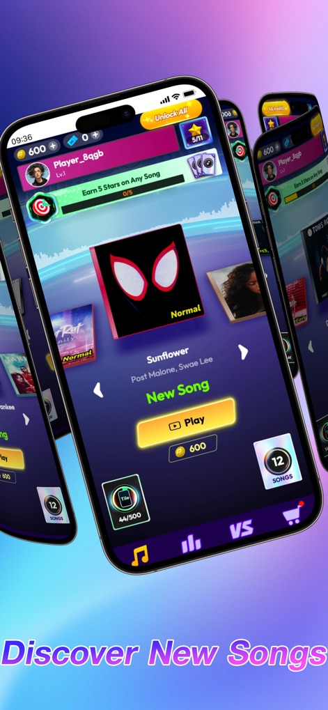 Rhythm Rush 2: Piano Game - This tool allows users to continuously discover new songs through a rotating carousel display and unlock tracks using in-game currency.