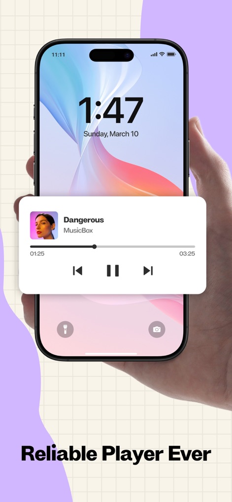 MusicBox - MP3 Player&Offline - 이 앱은 '잠금 화면 위젯'을 통해 사용자가 기기를 잠금 해제하지 않고도 음악을 쉽게 제어할 수 있게 하며, 주요 '재생/일시정지 버튼'으로 편리함을 더합니다.
