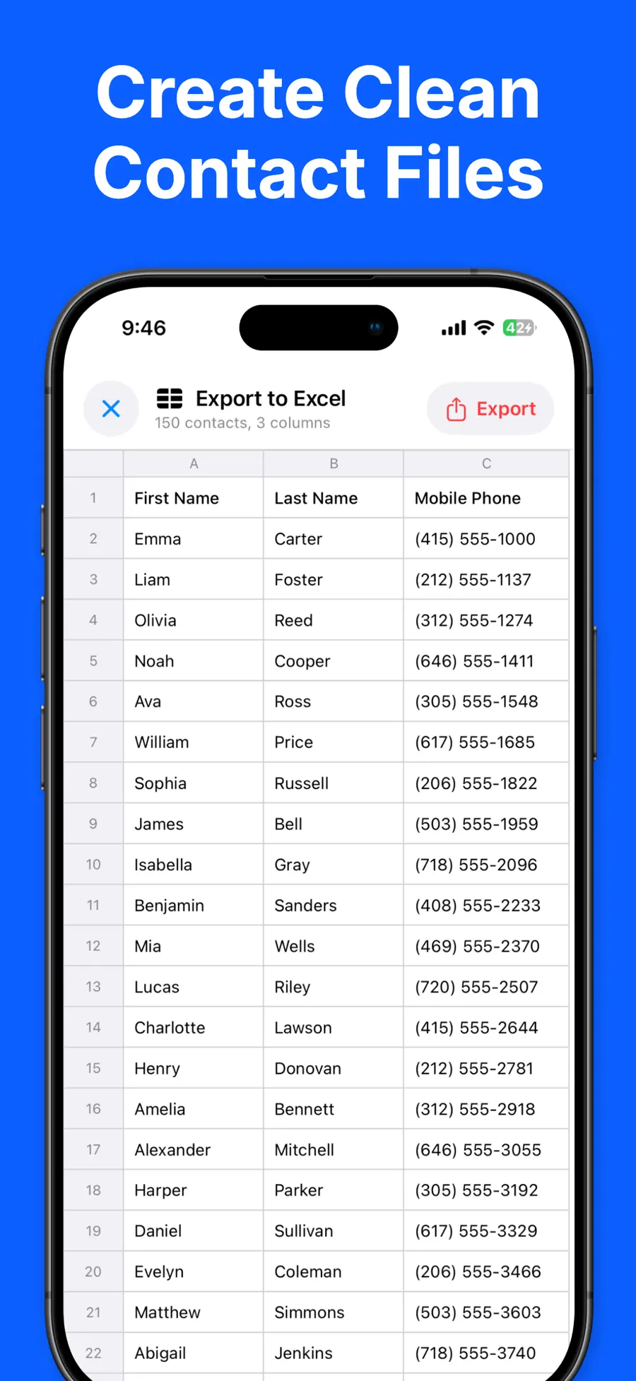 Export Contacts to Excel & CSV showing Excel, CSV, PDF, and vCard contact export options on iPhone (3/6)
