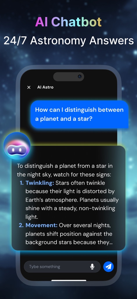 Star Gazer - Live Sky View Map - Curious minds can leverage the integrated AI Chatbot for instant answers to questions, providing detailed explanations on topics such as distinguishing planets from stars.