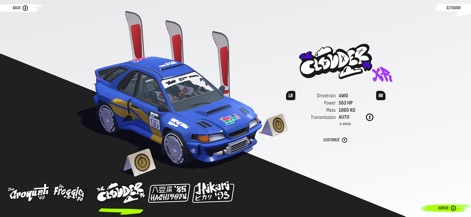 #DRIVE Rally - Discover a garage of legendary rally cars like 'The Clouder', with options to view key stats such as power and mass, and customize them to match your style.