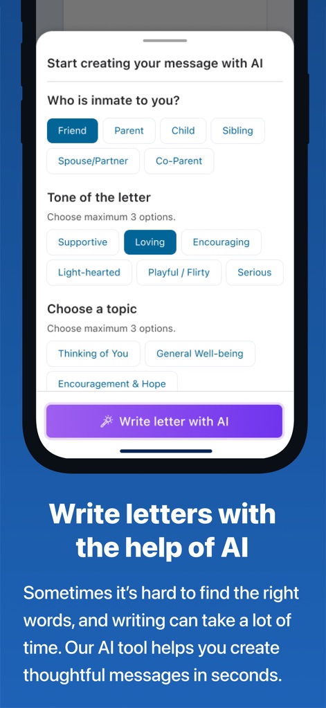Inmate Photos, send to prison - Users can leverage AI assistance for letter writing, choosing the recipient's relationship and desired emotional tone to craft thoughtful messages efficiently.