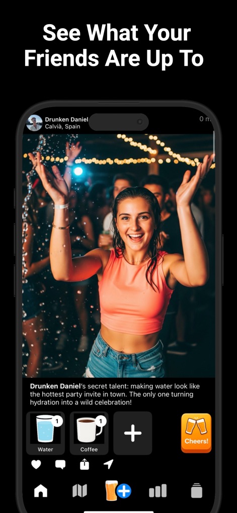 Beer Buddy - Friends Alerts - Cet écran présente le fil d'actualité des amis, affichant la publication d'un ami avec photo et offrant des options de réaction rapide pour interagir avec les activités partagées.