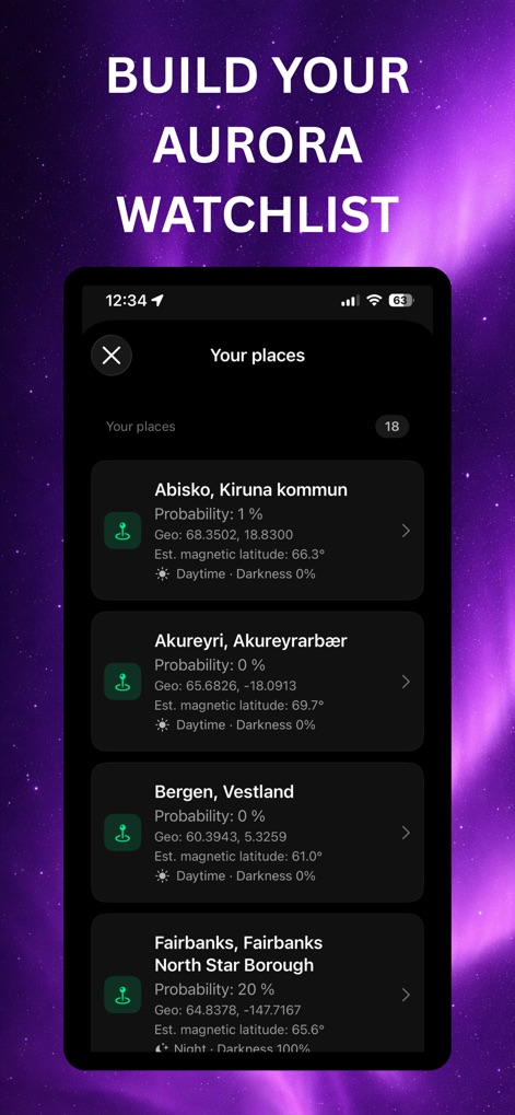Auroras Forecast - ユーザーは複数の場所を登録し、各地点のオーロラ発生確率と地理情報を含むウォッチリストを作成できます。この機能は、磁気緯度や日中の時間などの重要な詳細情報を提供し、計画的な観測をサポートします。