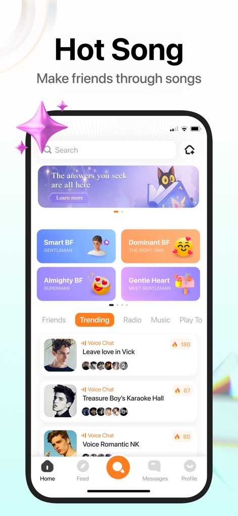 Pazzy - This app presents curated partner profiles like "Smart BF" and "Dominant BF" alongside trending "Voice Chat" rooms, allowing users to connect through shared vocal interests.