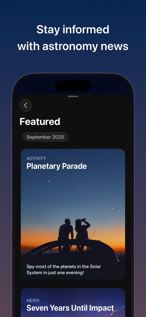 Sky Guide - La sección "Featured" mantiene a los usuarios al día con novedades, presentando artículos como "Planetary Parade" y noticias relevantes que cubren eventos cósmicos de interés general.