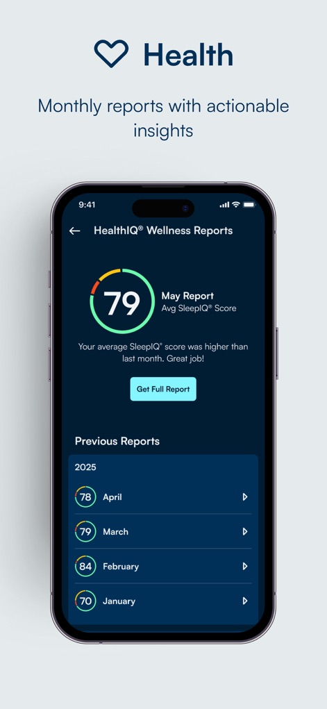 Sleep Number - Users can access detailed monthly HealthIQ Wellness Reports, offering a historical view of their average SleepIQ score and overall sleep performance.