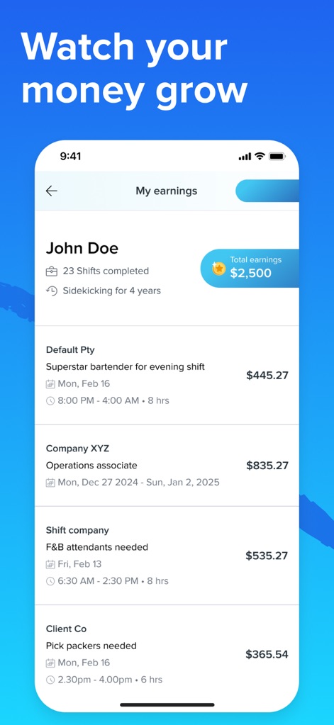 Sidekicker: Worker app - The app provides a detailed 'My earnings' section, showcasing 'Total earnings' and a breakdown of past job payments.
