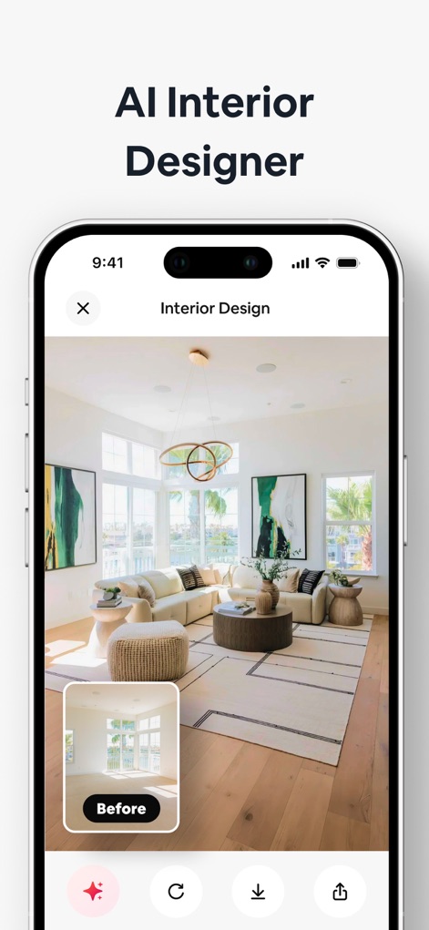 AI Home Decor-Interior Design - See how the app transforms a living space from a 'Before' photo into a stunning AI-generated layout with new furniture and accents.