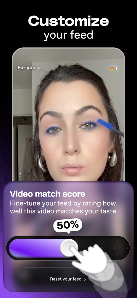 Dailymotion: Social Videos - Users can fine-tune their content discovery by utilizing the 'Video match score' slider and the 'Reset your feed' option for tailored recommendations.