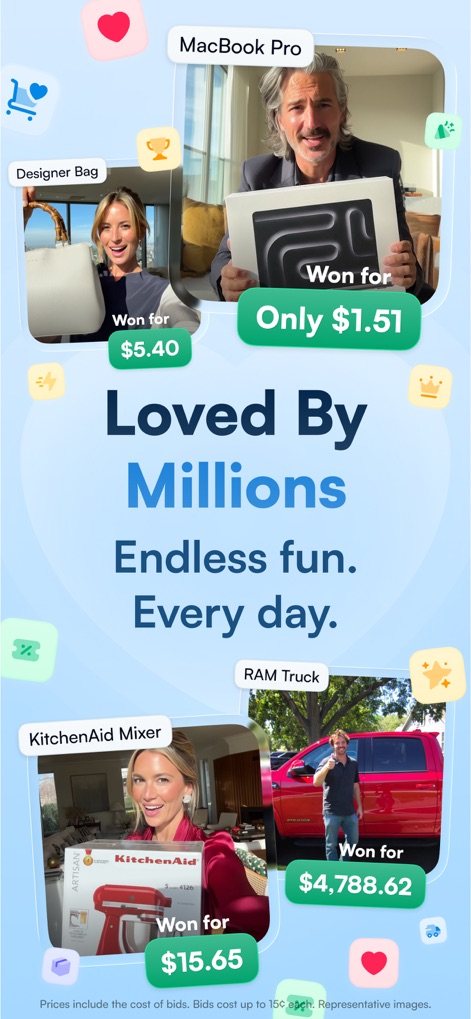 DealDash - Bid & Save Auctions - Users can see real-life success stories with a diverse range of products won at low prices, from a "MacBook Pro" to a "RAM Truck".