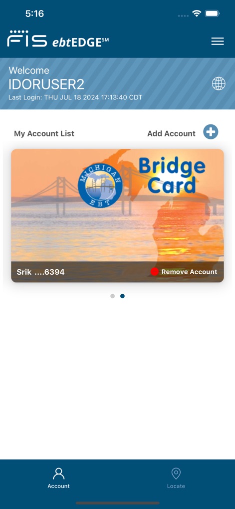 ebtEDGE - Users can manage multiple benefit accounts, as demonstrated by the 'Michigan Bridge Card' display, alongside the ability to add new cards securely.