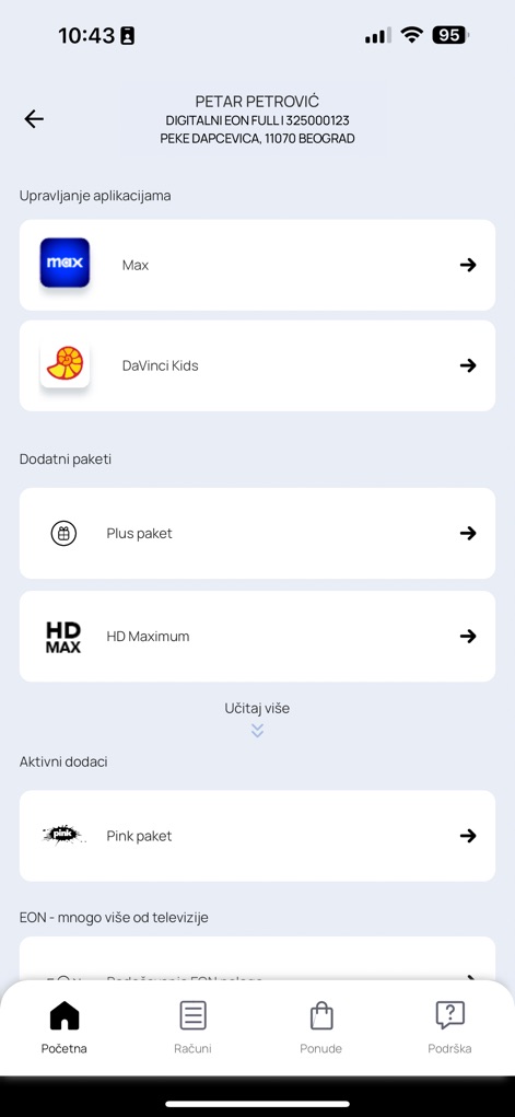 Moj SBB - A interface permite o 'Upravljanje aplikacijama' (gerenciamento de aplicativos) como Max e Davinci Kids, e a visualização e controle de 'Dodatni paketi' (pacotes adicionais) ativos.