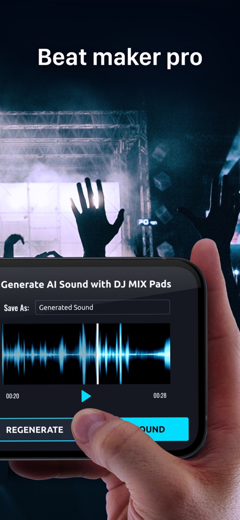 DJ Mix Pads 2 - AI Music Mixer - La aplicación ofrece una potente funcionalidad para generar sonidos con Inteligencia Artificial, donde la interfaz muestra una forma de onda para previsualizar y el botón 'REGENERATE' permite iterar rápidamente en nuevas creaciones.