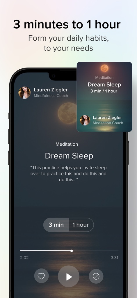 Aura: Meditation & Sleep, CBT - The app provides adaptable session lengths, as evidenced by the "3 min" and "1 hour" duration options and the intuitive audio "progress bar" within the player.