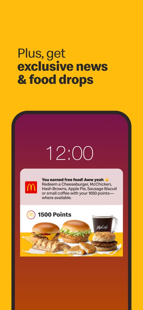 McDonald's - This screen displays an exciting 'You earned free food!' notification, showcasing accumulated '1500 Points' alongside appealing food visuals.