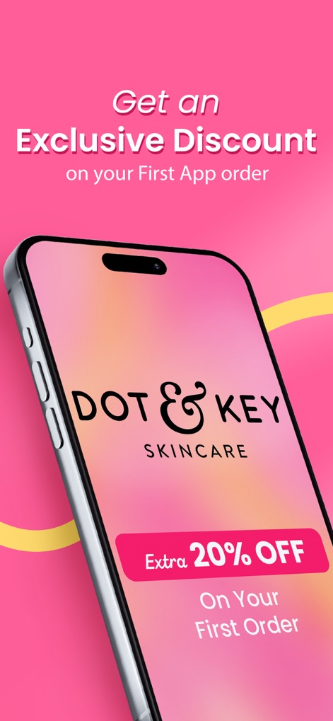 Dot & Key Skincare Shopping - The app welcomes users with a prominent display of the brand's 'DOT & KEY SKINCARE' logo and an irresistible 'Extra 20% OFF On Your First Order' discount.